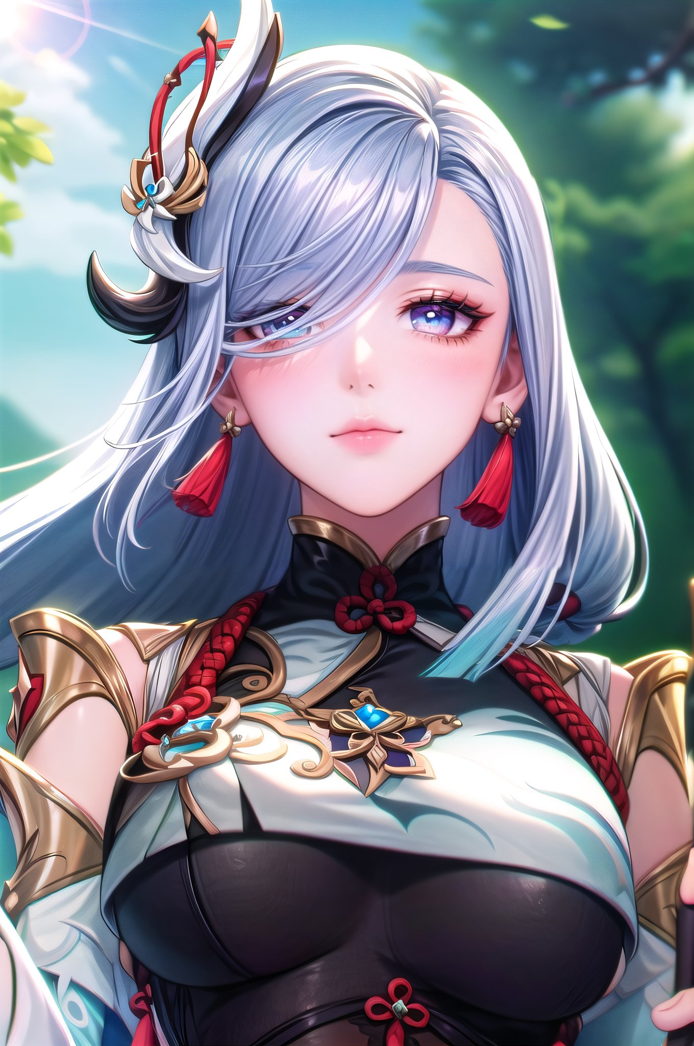 yuanshen,shenhe \(genshin impact\),1girl,solo,long hair,hair ornament,earrings,jewelry,looking at viewer,blue eyes,hair over one eye,outdoors,grass,tassel earrings,bangs,closed mouth,grey hair,polearm,breast curtain,tassel,portrait, nice hands, perfect balance, looking at viewer, closed mouth, (Light_Smile:0.3), official art, extremely detailed CG unity 8k wallpaper, perfect lighting, Colorful, Bright_Front_face_Lighting, White skin, (masterpiece:1), (best_quality:1), ultra high res, 4K, ultra-detailed, photography, 8K, HDR, highres, absurdres:1.2, Kodak portra 400, film grain, blurry background, bokeh:1.2, lens flare, (vibrant_color:1.2), professional photograph, (narrow_waist), 