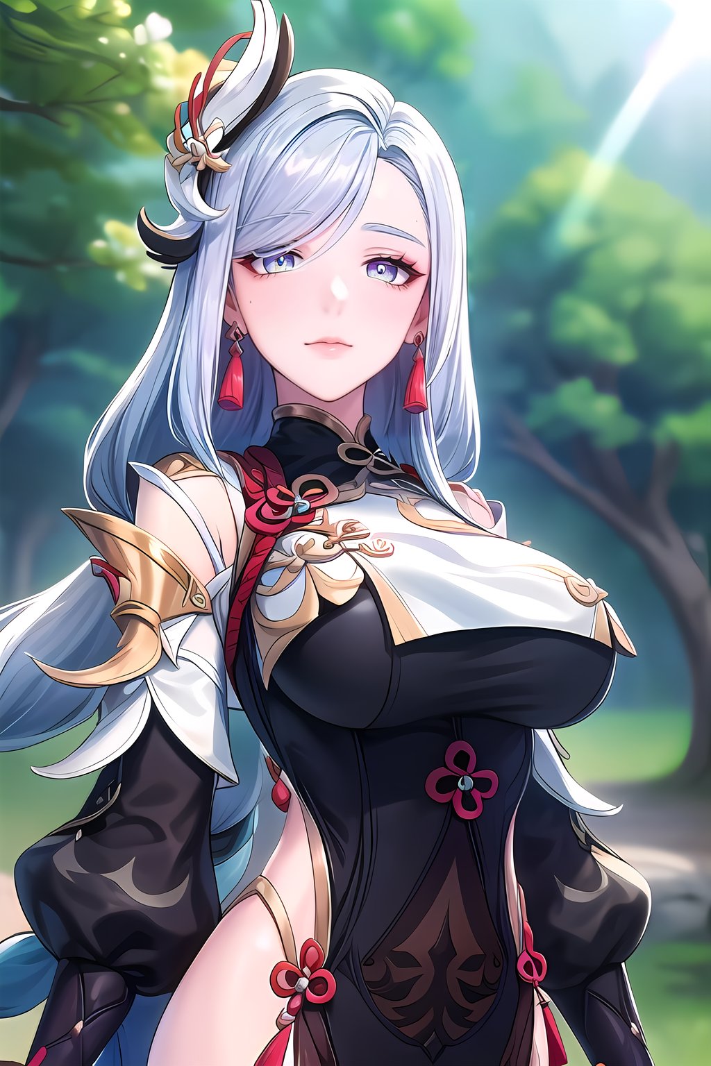 yuanshen,shenhe \(genshin impact\),1girl,solo,long hair,hair ornament,earrings,jewelry,looking at viewer,blue eyes,hair over one eye,outdoors,grass,tassel earrings,bangs,closed mouth,grey hair,polearm,breast curtain,tassel,portrait,nice hands,Beautiful long legs,  Beautiful body,  Beautiful Nose,  Beautiful character design,  perfect eyes,  perfect face,  expressive eyes,  perfect balance,  looking at viewer,  (Focus on her face),  (innocent_big_eyes:1),  (Light_Smile:0.3),  official art,  extremely detailed CG unity 8k wallpaper,  perfect lighting,  Colorful,  Bright_Front_face_Lighting,  (masterpiece:1),  (best_quality:1),  ultra high res,  4K,  ultra-detailed,  photography,  8K,  HDR,  highres,  absurdres:1.2,  Kodak portra 400,  film grain,  blurry background,  bokeh:1.2,  lens flare,  (vibrant_color:1.2),  professional photograph,  (Beautiful,  large breasts:1.6),  (beautiful_face:1.5),  (narrow_waist),