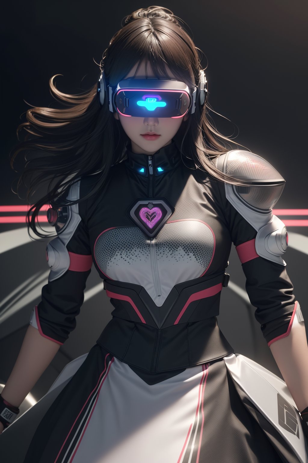 head-mounted display,  heart print,  (highly detailed:1.2),  (best quality:1.2),  detailed face,  facing the viewer,  sharp focus,  (awarded photo:1.2),  (hyper-detailed hair:1.2),  (wonderful upper body:1.2),  (dynamic stance:1.2),  (hyperrealistic:1.2),  dramatic lighting,  (highly detailed futuristic cityscape:1.2),  (sci-fi:1.2),  professional photograph,<lora:EMS-105543-EMS:0.800000>