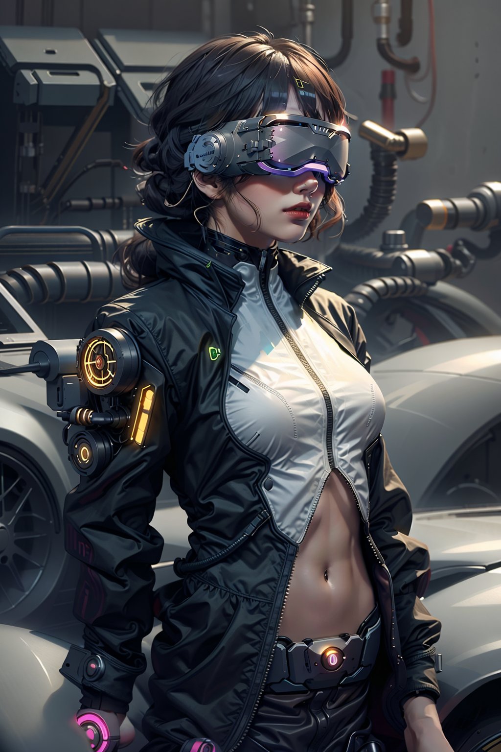 1girl,  solo,  bodysuit, head-mounted display,  jacket,  background,  neon color,  science fiction,  cyberpunk,<lora:EMS-105543-EMS:0.800000>,<lora:EMS-105551-EMS:0.800000>