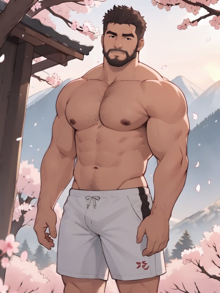 Best quality, masterpiece, ultra high res, detailed background, game_cg, muscular male, mature male, bara stocky, thick arms, thick thighs, full shot, (topless:1.2), looking at viewer, beard, birds, hands up, standing, Mountains, flower field, (Sakura:1.2), Sunset, dusk, depth of field, Hand scratch head, outdoors, A large number of cherry blossom petals floating in the sky