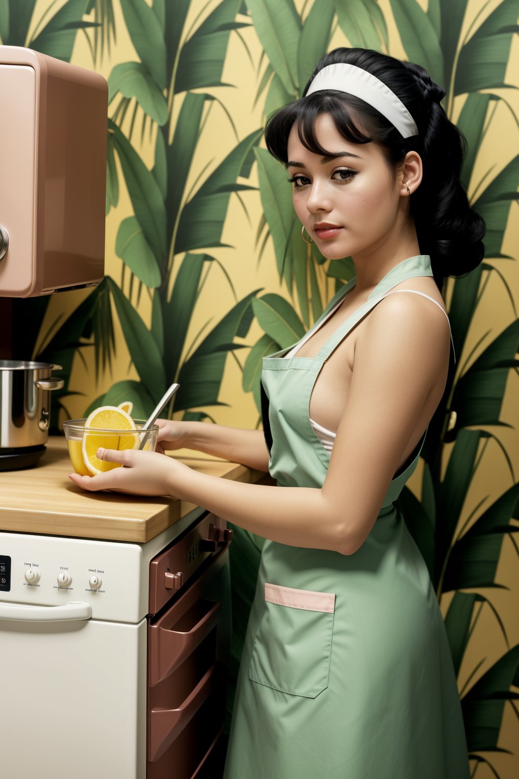 kitchen,  appliances,  tropical,  simple_background,  artist_name,  english_text,  1girl,  cooking,  apron,  still_life,  vintage ad style,  (masterpiece:1.1),  (best quality:1.1),  beautiful,  unity 8k wallpaper,  ultra detailed,  beautiful,  aesthetic,<lora:EMS-105556-EMS:0.800000>