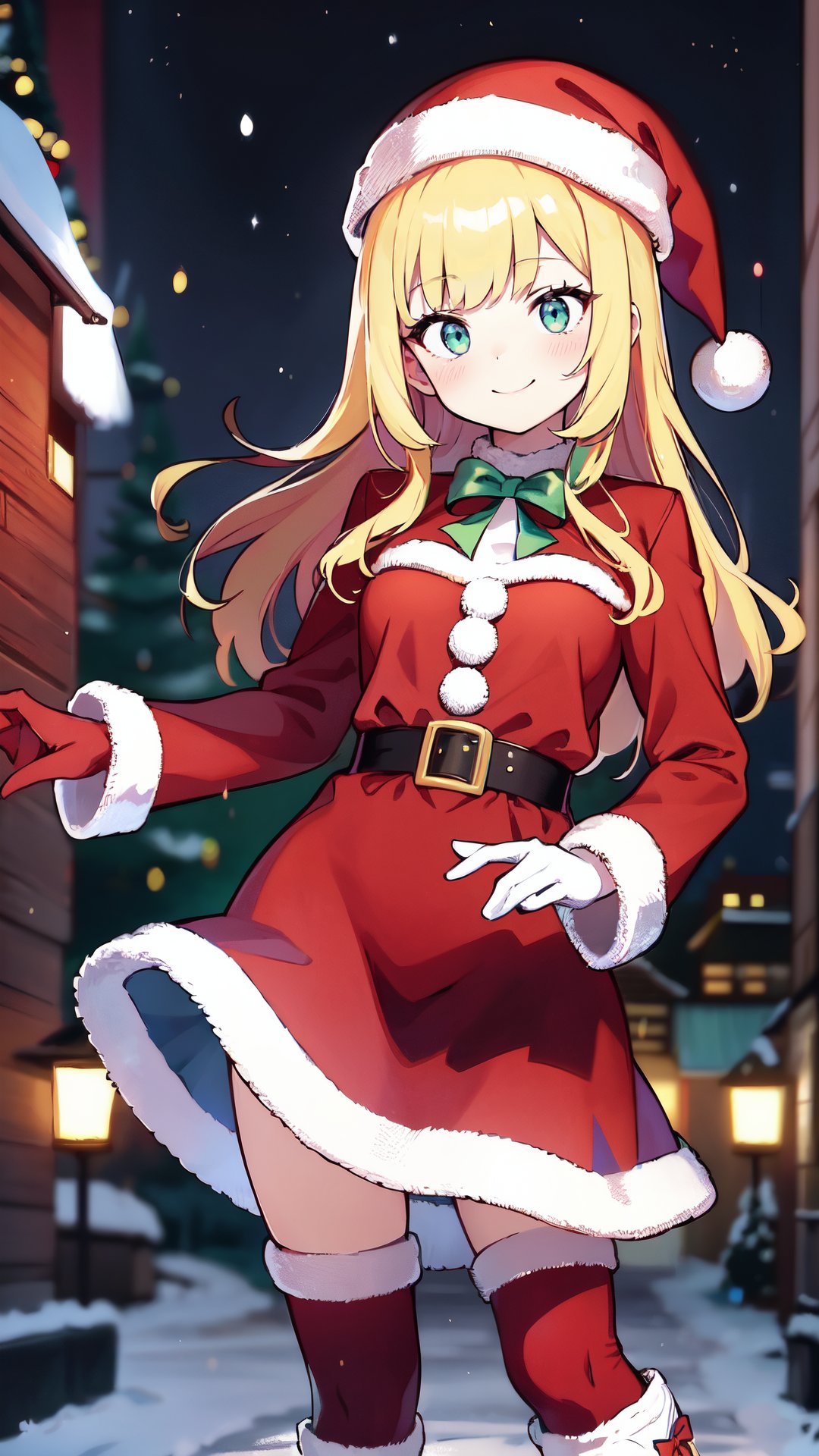 ((masterpiece,  best quality,  ultra-detailed,  very fine 8KCG wallpapers)),  1girl,  solo,  kawaii,  smile,  medium breasts,  blonde hair,  long hair,  green eyes,  santa,  red beret,  red bow ribbon,  red gloves,  red dress,  red boots,  santa girl costume,  christmas,  holy night,  christmas decorations,  christmas night,  nice hands,  perfect hands,<lora:EMS-96866-EMS:0.600000>,<lora:EMS-105562-EMS:-1.000000>