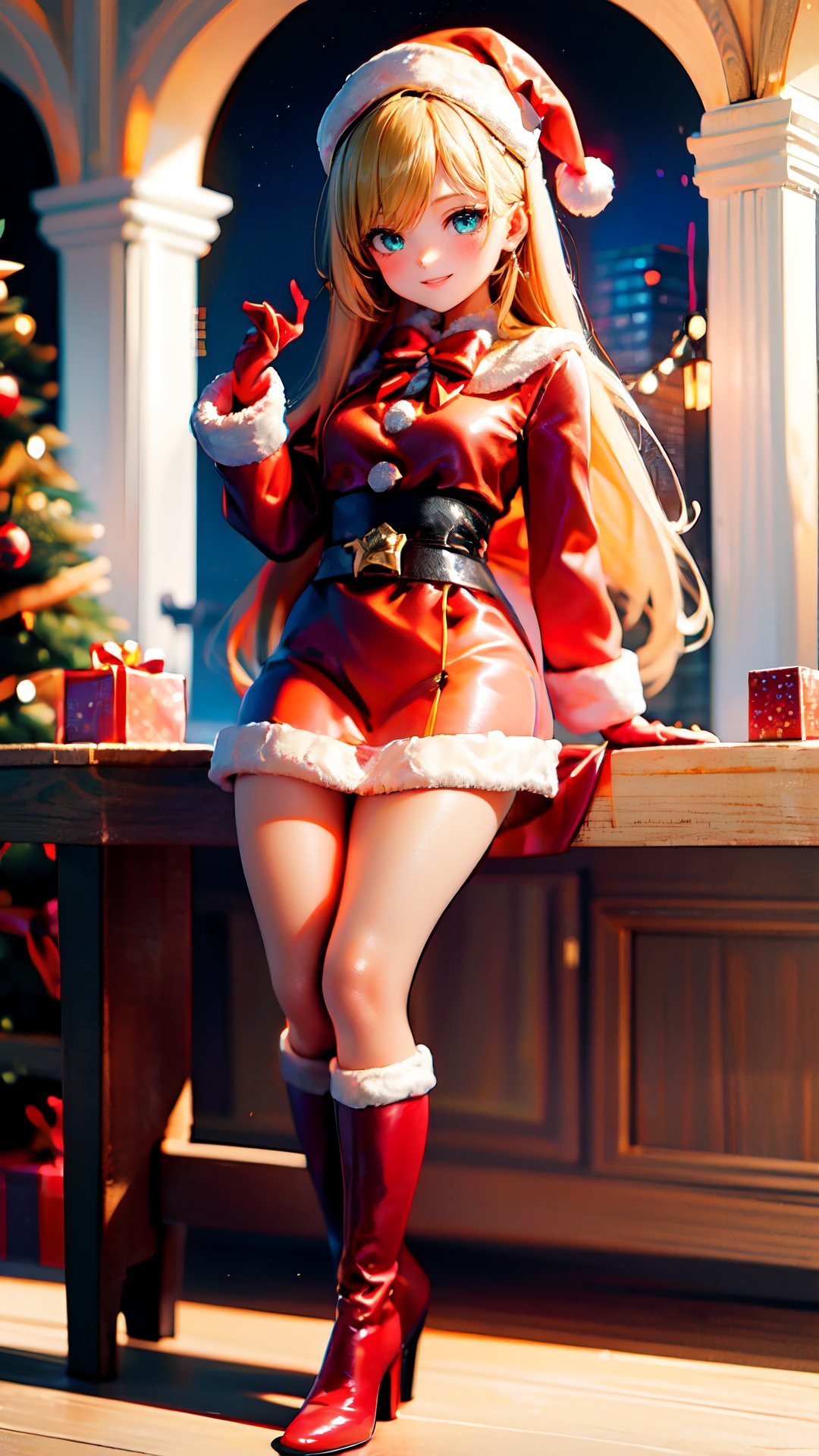 ((masterpiece,  best quality,  ultra-detailed,  very fine 8KCG wallpapers)),  1girl,  solo,  kawaii,  smile,  medium breasts,  blonde hair,  long hair,  green eyes,  santa,  red beret,  red bow ribbon,  red gloves,  red dress,  red boots,  santa girl costume,  christmas,  holy night,  christmas decorations,  christmas night,  nice hands,  perfect hands,<lora:EMS-96866-EMS:0.600000>,<lora:EMS-105562-EMS:2.000000>