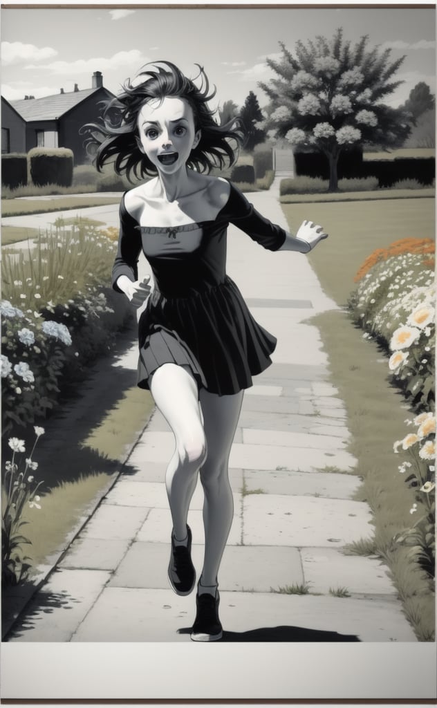 zzstyle,sketch, monochrome, traditional media, pencil drawing, 1girl, strapless dress, running in the garden, floral background,