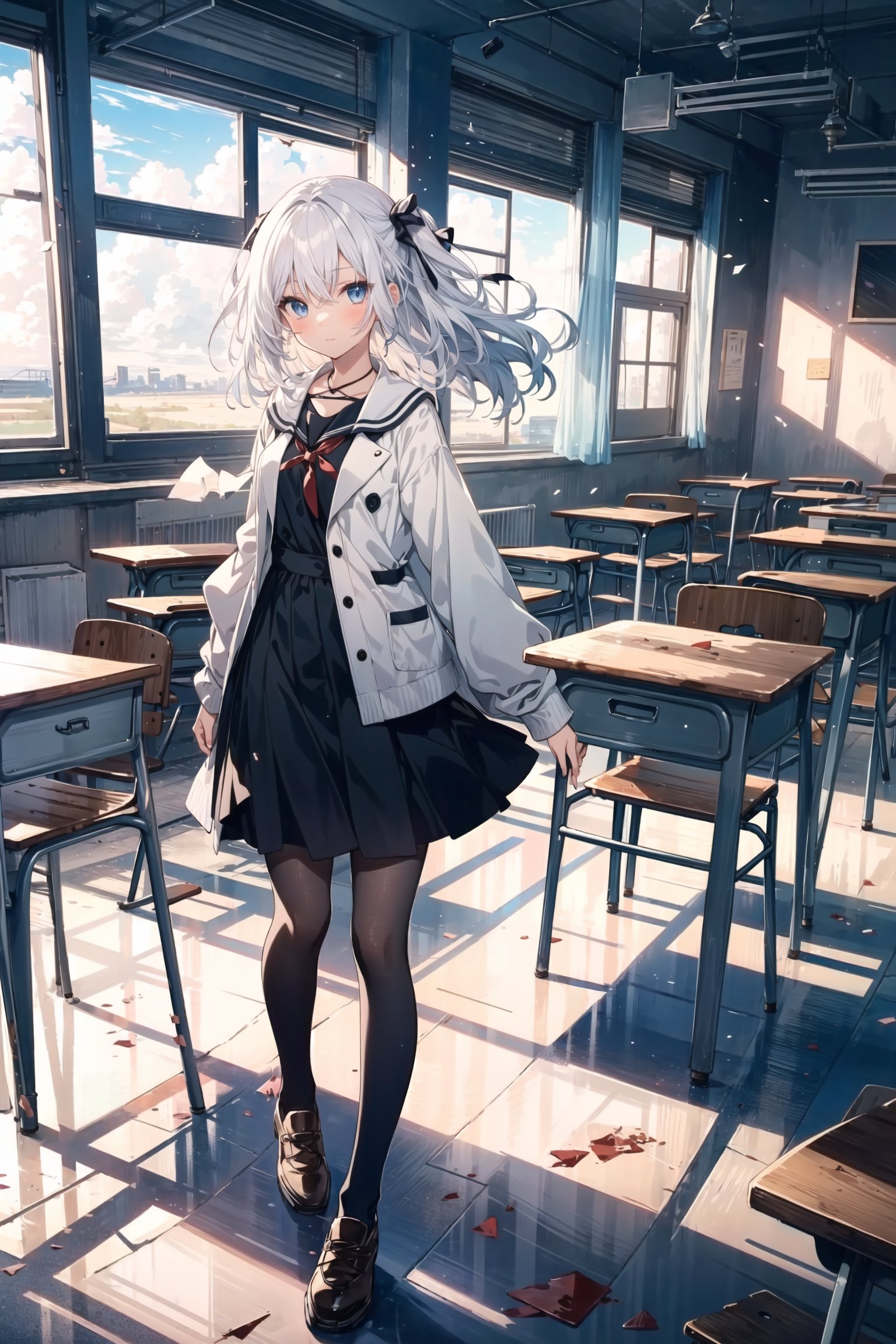 masterpiece,  best quality,  (1girl),  full body,  (cute anime face),  (beautiful detailed girl),  cold attitude,  white hair,  cracked floor,  damaged classroom,  tables and chairs in disarray,  cumulus,  mouldy,  floating,  wind