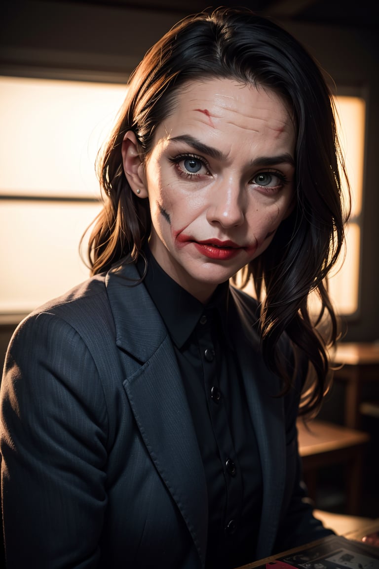 (portrait, joker, man, creepy look, detailed eyes, shallow depth of field, vignette, highly detailed, high budget Hollywood film), (best quality, 4k, 8k, highres, masterpiece:1.2), ultra-detailed, (realistic, photorealistic, photo-realistic:1.37), portraits, sharp focus, physically-based rendering, professional, vivid colors, bokeh, studio lighting, creepy color tones, subtle shadows