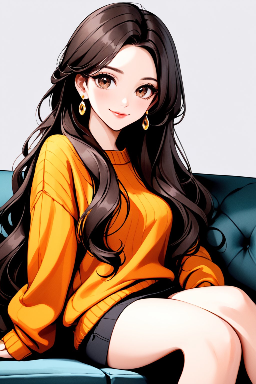  1girl, solo, long hair, earrings, jewelry, sitting, sweater, looking at viewer, head tilt, couch, hand between legs, very long hair, lips, wavy hair, between legs, brown hair, watermark, black hair, closed mouth, smile, artist name, brown eyes, grey background, black eyes, eyelashes