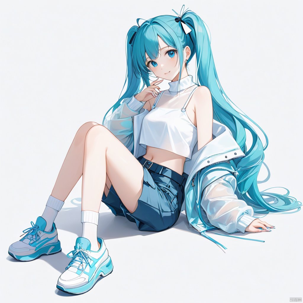 msw, best quality, 1girl, solo, long hair, socks, twintails, very long hair, shorts, simple background, white background, sitting, jacket, shoes, sneakers, looking at viewer, shirt, holding, blue eyes, hair between eyes, belt, closed mouth, white shirt, fingernails, blue hair, hair ornament, ribbon, smile, aqua hair, full body, off shoulder, phone, long sleeves, nail polish, turtleneck, crop top, open jacket, hair ribbon, eyelashes, alternate costume, bangs, aqua eyes, see-through, open clothes, midriff, white footwear, frills, sleeveless, artist name, bare shoulders, collarbone, sidelocks, from side, looking to the side, ahoge, breasts, signature, sleeves past wrists
