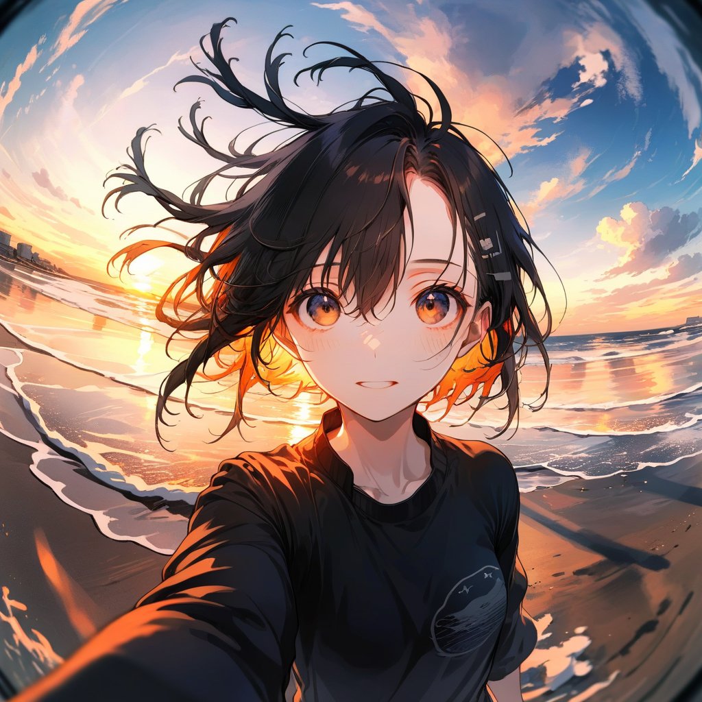  xxmix_girl,a woman takes a fisheye selfie on a beach at sunset, the wind blowing through her messy hair. The sea stretches out behind her, creating a stunning aesthetic and atmosphere with a rating of 1.2.,xxmix girl woman