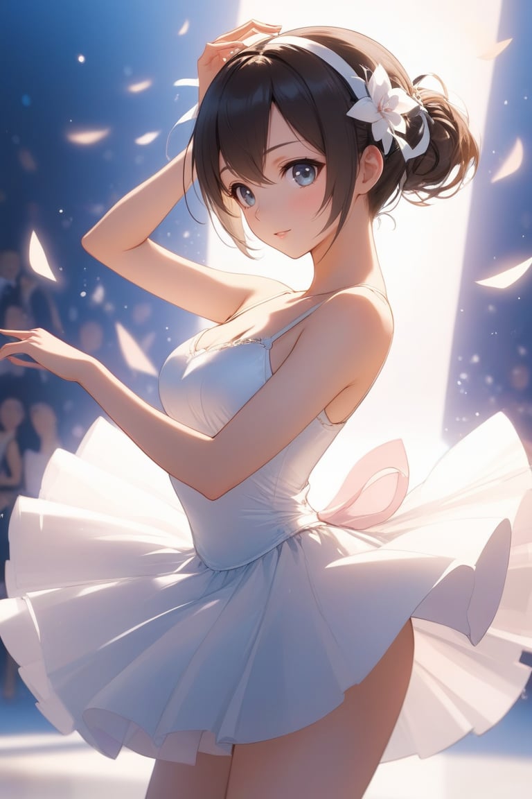  a woman in a white dress is dancing,inspired by Krenz Cushart,pixiv contest winner,arabesque,dressed as a ballerina,chell,anime styled 3d,makoto sinkai,dancing,1girl,dress,solo,