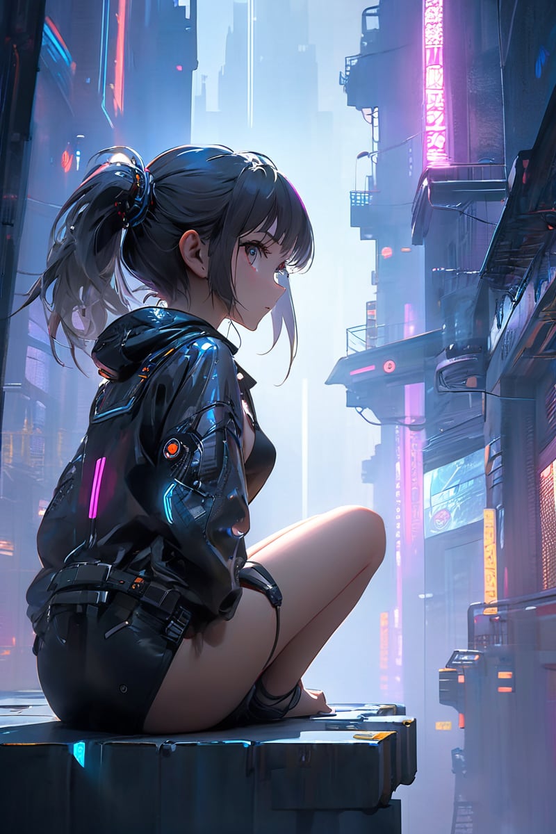  glamour shot from side of a girl sitting on ledge overlooking a grand neon lit cyberpunk city at a misty night,masterpiece,best quality,dslr,8k,4k,ultrarealistic,realistic,raytracing,subsurface scattering,(cyberpunk city),1girl,sitting,edge of ledge,from behind,(close-up:1.3),night,misty,cloudy,paradise,utopia,skyscraper,citadel,sci-fi,future architecture,21:9,dynamic,great perspective,film grain,motion blur,cinematic,masterpiece,high quality,highres,absurdres,dramatic,great composition,neon light,hyperreal,photoreal,realistic,raw photo,detailed,ultra-detailed,intricate,volumetric lighting,looking at viewer,face focus,holographic