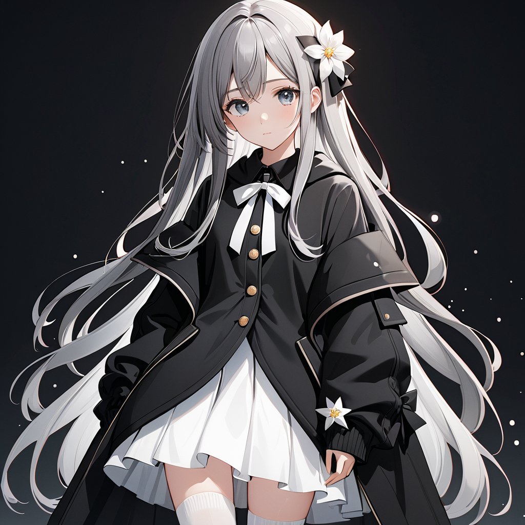  (1girl:0.6), thin, very long hair, black and grey hair, grey eyes, (detailed eyes), small breasts, black coat, white lining, white skirt, socks, closed mouth, (sad), star, Bow head, white flower, (black background), masterpiece, best quality, official art, extremely detailed CG unity 8k wallpaper, cozy anime