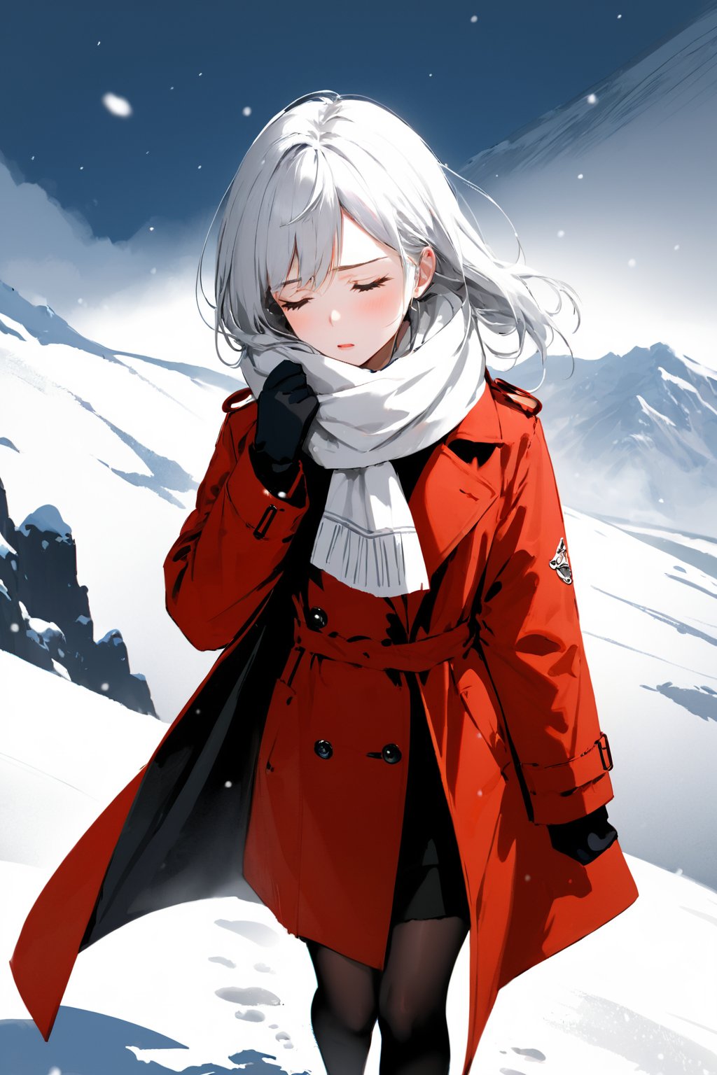  1 girl,full body,detailed face,In the snow all over the sky, a girl walking alone in the snow, wearing red thin trench coat, with a white scarf, Bare legs, bare feet, Holding her body tightly, her head bowed, her eyes closed, her mouth pressed together, and she was about to cry, Long white hair blows in the wind, The detailed and beautiful face was depressed, step by step, behind is a series of footprints, the snow is very big, the biting wind blowing her scarf, the distance is unbroken snow mountains, in this evening, helpless forward. , greyscale,sketch, monochrome, greyscale,crying, concept art, ((wlop))