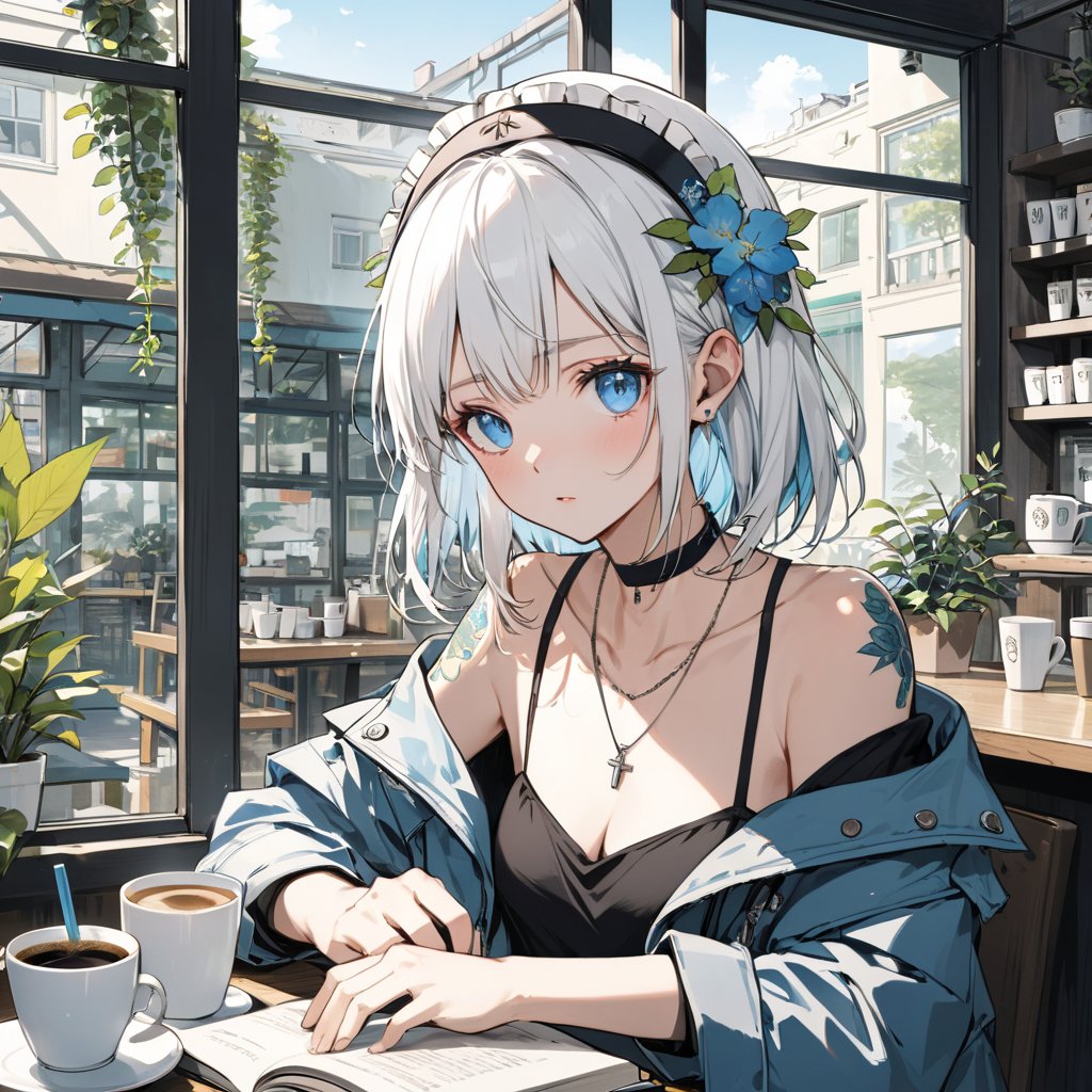  highly detailed, best quality, illustration, highres, extremely detailed wallpaper,sketch, flat color, anime screencap, , realistic, a beautiful girl, blue eyes, white hair, bangs, head gear, necklace, tattoo, off shoulder, jacket removed, planted_sword, coffee shop, indoors, windows, book stack,cups, pencil, mirror, plant, leaves, flowers, nature, wind, outdoors, reflection, depth of field, delicate foreground, extremely delicate background,