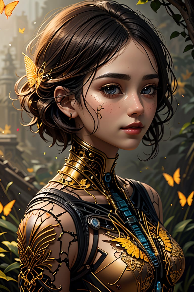 A (highly detailed,  elegant) portrait that seamlessly combines elements of digital photography and surreal painting. The subject is a beautiful cyborg with (intricate,  majestic) features and brown hair. cute smile,  Her cybernetic enhancements are adorned with a (golden butterfly filigree) that adds an element of mystique. The scene is set against a backdrop of (broken glass),  creating a unique and captivating blend of beauty and surrealism.,<lora:EMS-67008-EMS:0.800000>