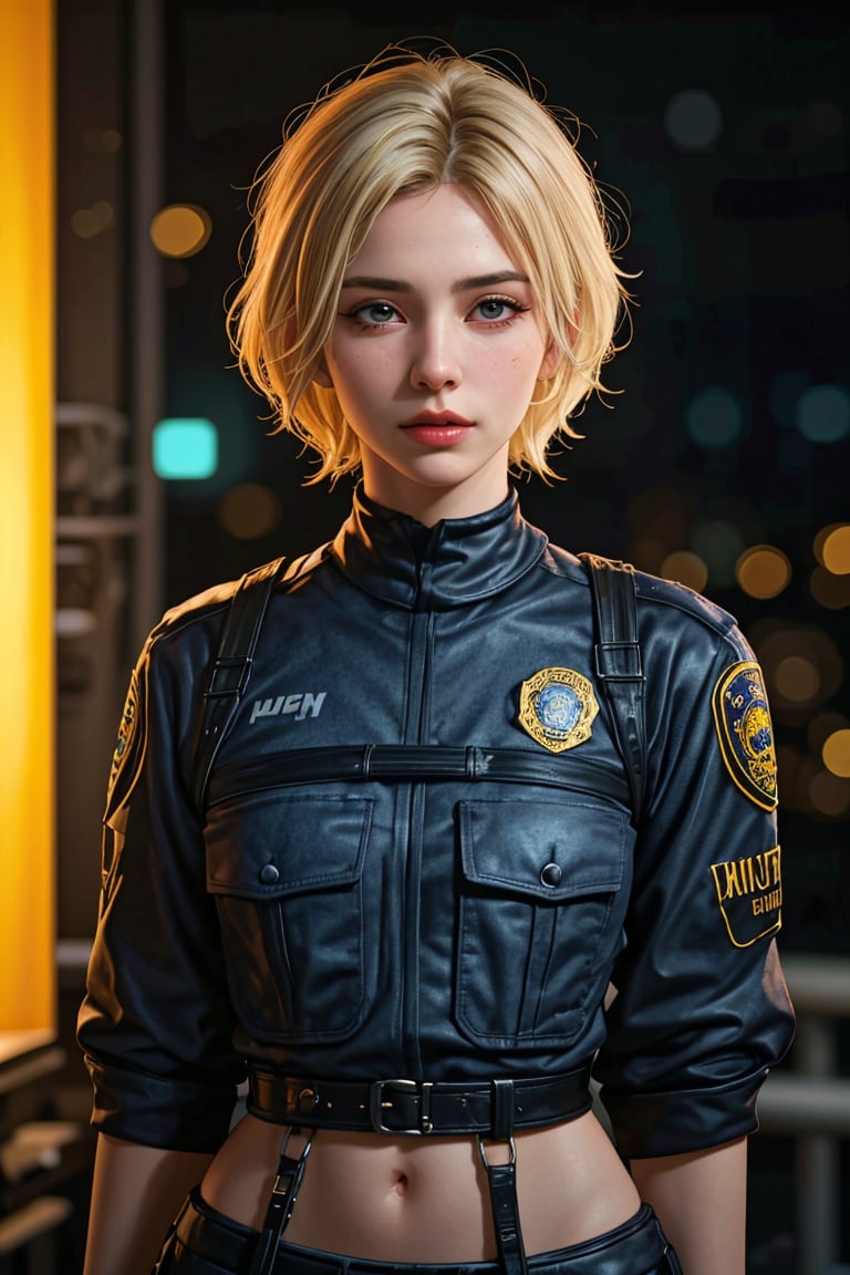 (best quality,  4k,  highres,  masterpiece:1.2),  ultra-detailed,  realistic:1.37,  HDR,  studio lighting,  extreme detail description,  professional,  vivid colors,  bokeh,  portraits,  punk woman police officer,  bleach blonde hair,  perfect face,  detailed facial features,  alluring eyes,  naughty police uniform,  short skirt,  harness,<lora:EMS-89307-EMS:0.800000>