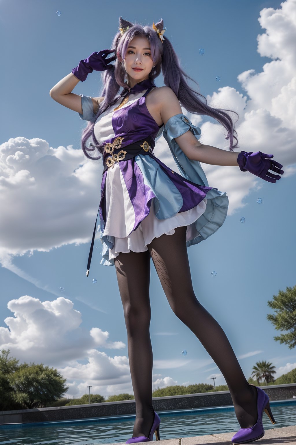  in the photo, the girl is floating in the sky, smiling at the camera, grin, surrounded by foam, Body glow, Arms outstretched,
(wide Angle, Low Angle, cloudy sky, bubble, foam, Super long purple hair floating in the sky, full body:1.5),

long purple hair, bangs, cone hair bun, double bun, hair flower, hair ornament, twintails, purple_eyes,
bare shoulders, large breasts, purple dress, detached_sleeves, purple gloves, short sleeves,
black pantyhose, high_heels,
jewelry, earrings,

cloud, In the pool, swimming, keqing \(genshin impact\),

HDR, Vibrant colors, surreal photography, highly detailed, masterpiece, ultra high res,
high contrast, mysterious, cinematic, fantasy, bright natural light,