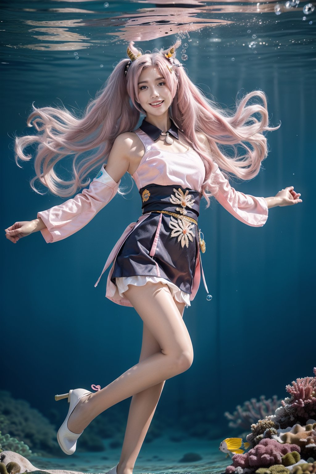 keqing \(genshin impact\), keqing \(genshin impact\) \(cosplay\),

21yo girl, solo, looking at viewer, large breasts,

(full body, very long legs, narrow waist, grin:1.25), (wide shot, wide angle, from below, full body shot),

in the photo, the girl is floating underwater, smiling at the camera, grin, surrounded by foam, Body glow, Arms outstretched, (wide Angle, Low Angle, Underwater, bubble, foam, Super long pink hair floating in the water, upper body:1.5), white top, pleated skirt, Small black leather shoes and White cotton socks, lean forward, long sleeves, brown eyes, mini skirt, Water, In the pool, swimming,

HDR, Vibrant colors, surreal photography, highly detailed, masterpiece, ultra high res,

high contrast, mysterious, cinematic, fantasy, bright natural light,