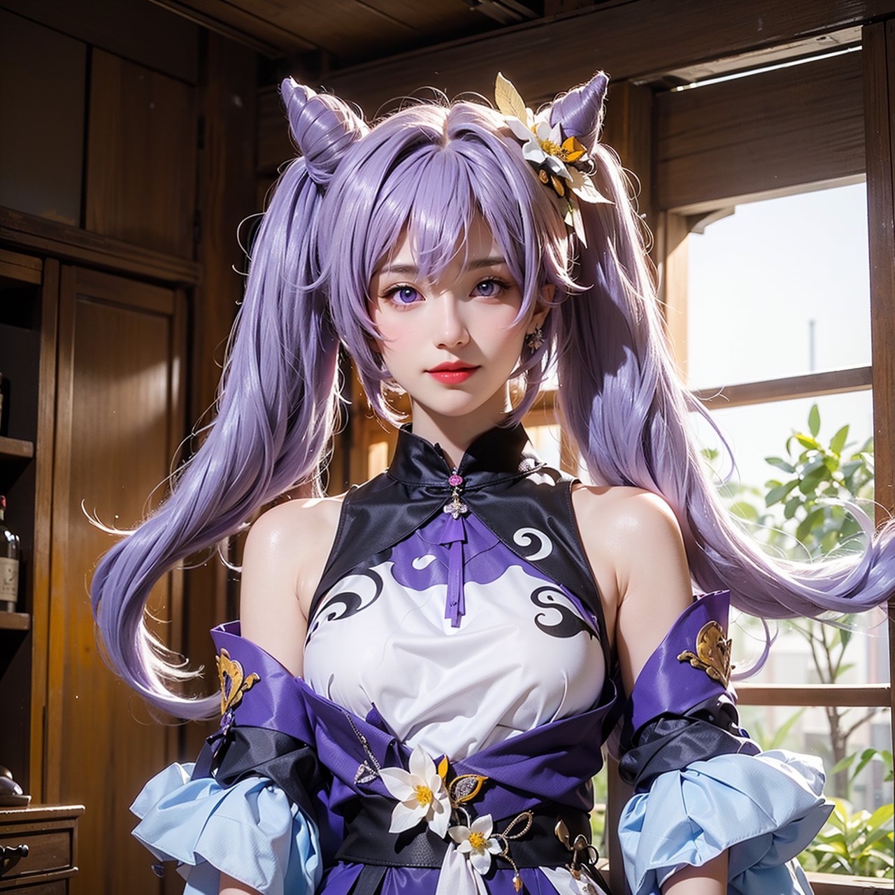  keqing \(genshin impact\), keqing \(genshin impact\) \(cosplay\),
21yo girl, solo, looking at viewer, indoors,
(upper body, very long legs, narrow waist, grin:1.25), (wide shot, wide angle, from below, cow shot),

(purple hair, bangs, cone hair bun, double bun, hair flower, hair ornament, twintails, purple_eyes:1.25),
bare shoulders, large breasts, purple dress, detached_sleeves, purple gloves, short sleeves,
(black pantyhose, purple high_heels),
jewelry, earrings,

HDR, Vibrant colors, surreal photography, highly detailed, masterpiece, ultra high res,
high contrast, mysterious, cinematic, fantasy, bright natural light,