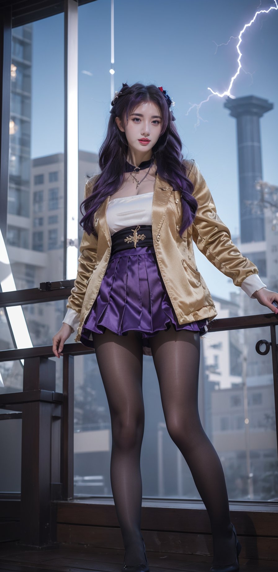  21yo girl, 
purple hair, purple eyes, glowing eyes, electricity,Silk stockings, jackets, lightning, Short skirt,Artifacts,purple magic, aura, full body,magic circle, braids,very long hair,hair flowe,tarry sky,
(glass:1.1),(false:1.15),(void:1.25),(magic:1.25),

(wide shot, wide angle, from below, full body shot),

HDR, Vibrant colors, surreal photography, highly detailed, masterpiece, ultra high res,
high contrast, mysterious, cinematic, fantasy, bright natural light, pantyhose, keqing \(genshin impact\)