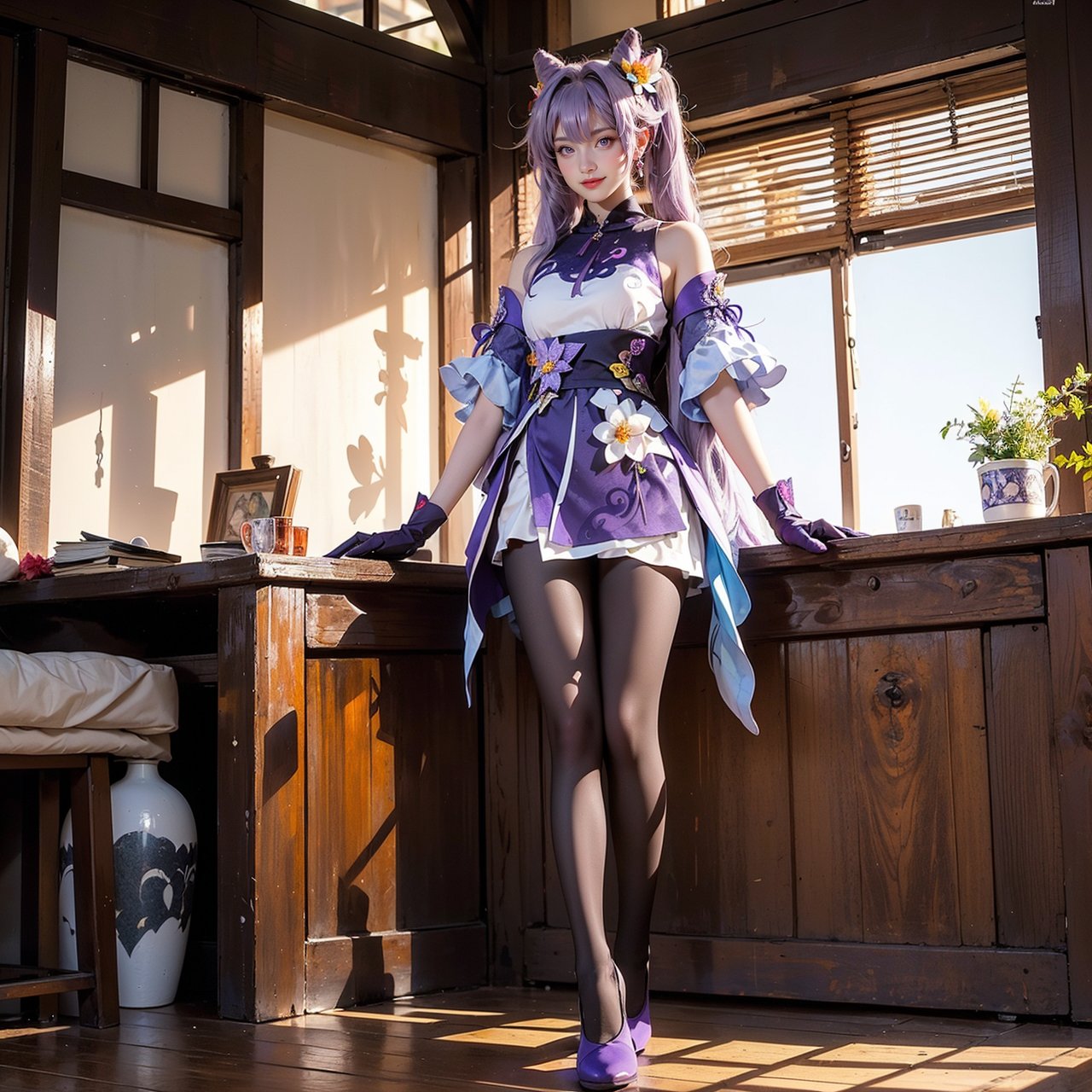  keqing \(genshin impact\), keqing \(genshin impact\) \(cosplay\),
21yo girl, solo, looking at viewer, indoors,
(full body, very long legs, narrow waist, grin:1.25), (wide shot, wide angle, from below, full body shot),

(purple hair, bangs, cone hair bun, double bun, hair flower, hair ornament, twintails, purple_eyes:1.25),
bare shoulders, large breasts, purple dress, detached_sleeves, purple gloves, short sleeves,
(black pantyhose, purple high_heels),
jewelry, earrings,

HDR, Vibrant colors, surreal photography, highly detailed, masterpiece, ultra high res,
high contrast, mysterious, cinematic, fantasy, bright natural light,