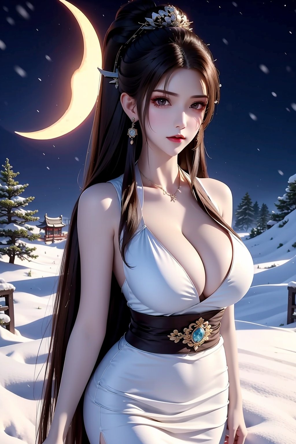 1girl, breasts, solo, long hair, cleavage, earrings, jewelry, large breasts, moon, night, white dress, sash, dress, looking at viewer, sky, hair ornament, black hair, crescent moon, hair bun, brown hair, snow, chinese clothes,<lora:fqx_20231127192426-000001:1>