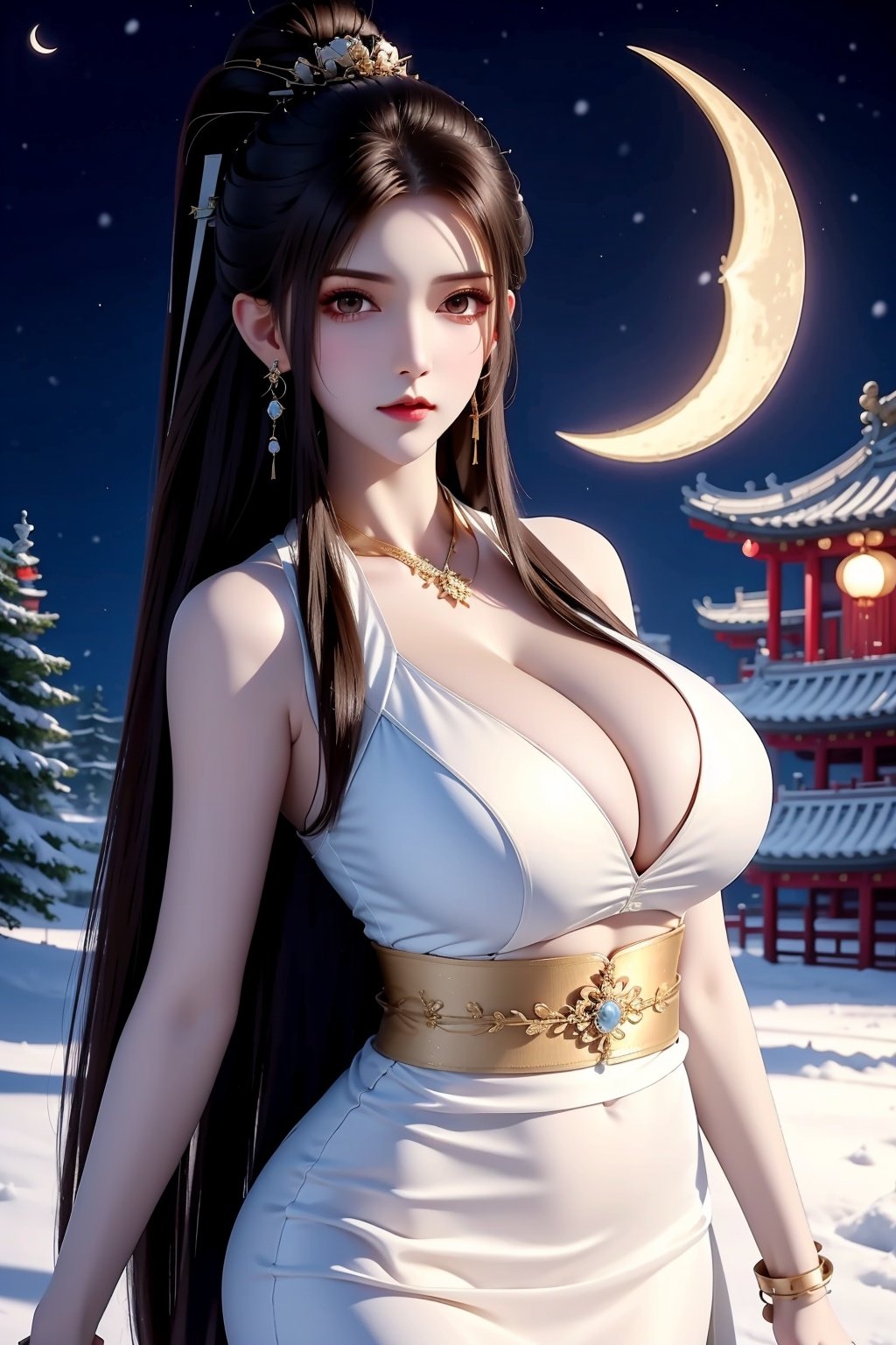 1girl, breasts, solo, long hair, cleavage, earrings, jewelry, large breasts, moon, night, white dress, sash, dress, looking at viewer, sky, hair ornament, black hair, crescent moon, hair bun, brown hair, snow, chinese clothes,<lora:fqx_20231127192426-000001:1>