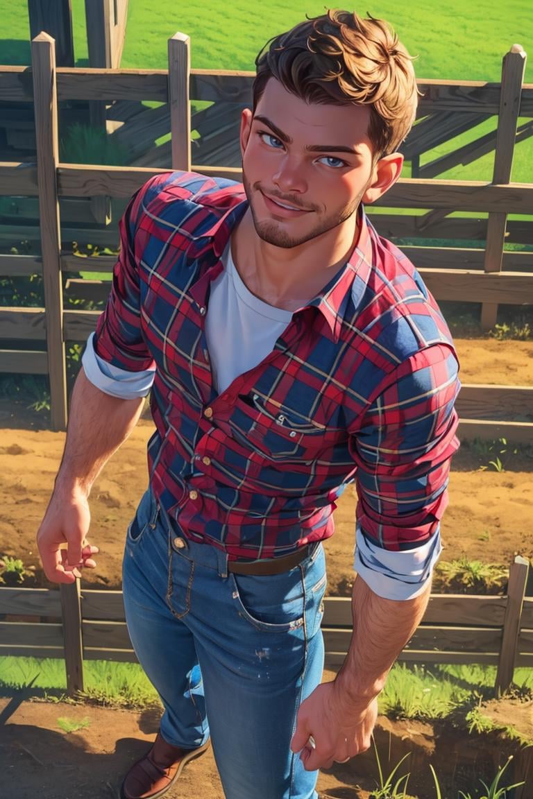 (masterpiece,  best quality:1.2),  stubble,  smirk,  parted lips, seducing,  (depth of field:1.1), muscular:1.3,  plaid shirt,  denim pants,  cowboy shot,  farm,  1boy,  view from above,  masterpiece,  highness,  perfect face,  perfect picture,  detailed eyes,  sharp focus,   ,  mattrh, <lora:EMS-79870-EMS:1.000000>