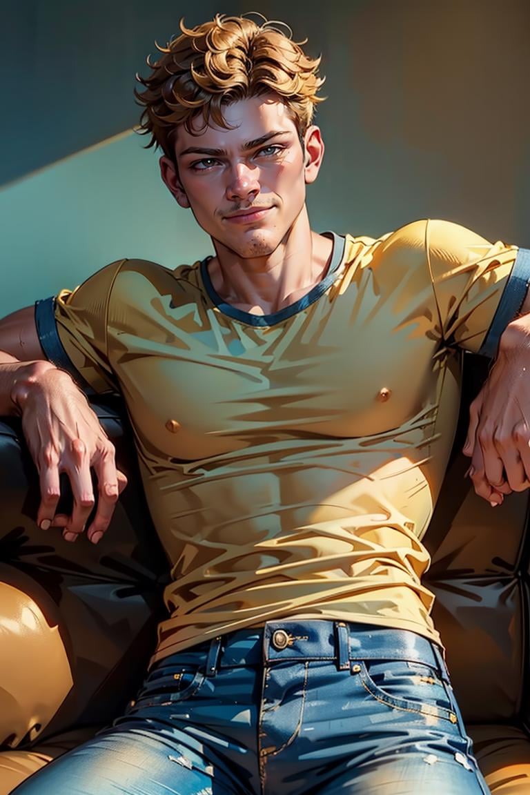 1guy,  (yellow t-shirt),  denim pants,  ,  muscular:1.3,  ,  sitting,  smirk,  at the couch,  seducing,  looking to viewer,  natural lighting,  detailed face,  detailed eyes,  masterpiece,  high_res,  perfect face,  ,  High detailed,  mattrh, <lora:EMS-79870-EMS:0.950000>