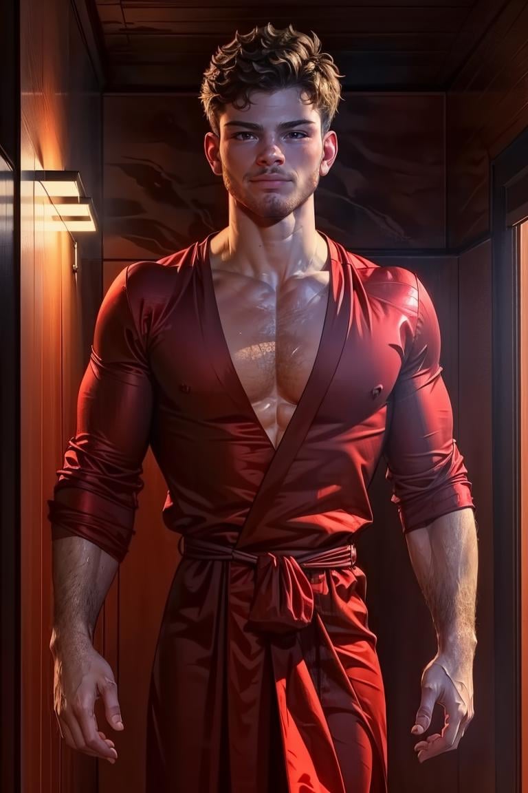 photo of person,  ((((1guy,  solo)))),  man, ,  smirk,  muscular,  male,  sauna,  (red robe),  ,  looking to viewer,  full body,  cinematic lighting,  detailed face,  detailed eyes,  masterpiece,  high_res,  perfect face,  ,  High detailed,  ,  mattrh, <lora:EMS-79870-EMS:1.000000>