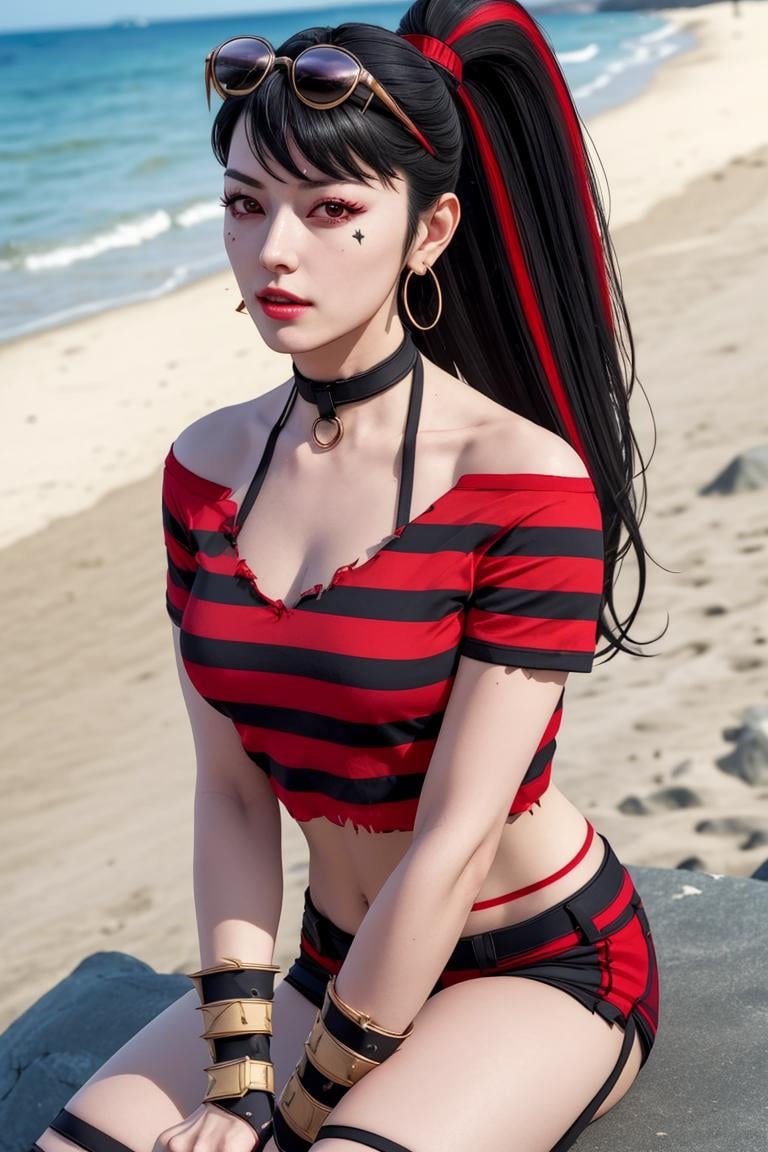 (masterpiece,  best quality:1.2),  LadyChoiKOF,  1girl,  long ponytail,  black hair,  red streak,  sunglasses on the top of head,  gauntlet,  start face tattoo,  shirt,  bra,  choker,  shorts,  ((medium shot)),  sitting,  beach,  perfect face,  perfect picture,  detailed eyes,  sharp focus,  full body,<lora:EMS-102653-EMS:0.930000>