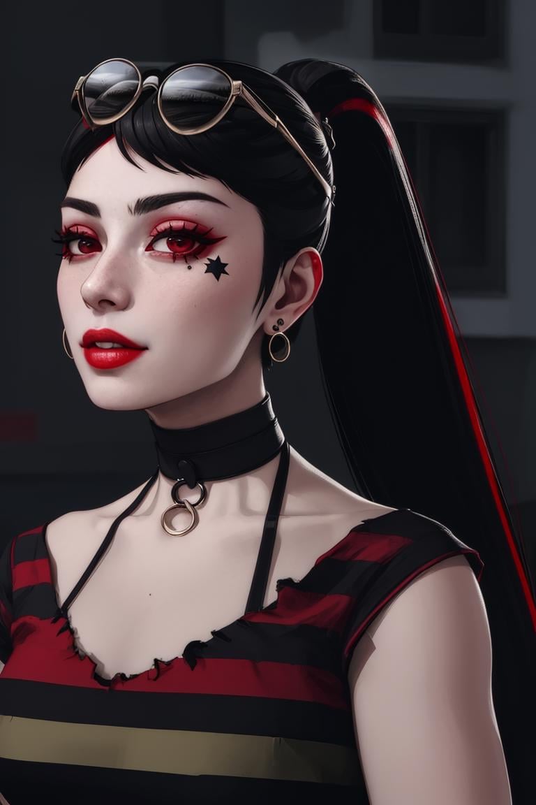 (masterpiece,  best quality:1.2),  LadyChoiKOF,  1girl,  long ponytail,  red streak,  black hair,  sunglasses on top of head,  star tattoo,  choker,  shirt,  portrait,  closeup))   perfect face,  perfect picture,  detailed eyes,  sharp focus,<lora:EMS-13102-EMS:0.600000>,<lora:EMS-102653-EMS:1.000000>