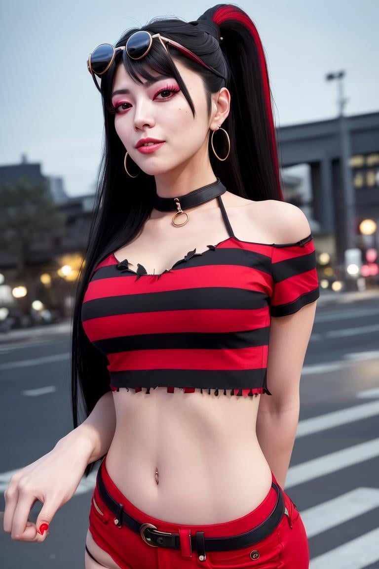 (masterpiece,  best quality:1.2),  LadyChoiKOF,  1girl,  long ponytail,  black hair,  red streak,  hands behind back,  sunglasses on the top of head,  star face tattoo,  shirt,  shorts,  choker,  bra,  ((medium shot)),  city at night,  moon,  perfect face,  perfect picture,  detailed eyes,  sharp focus,<lora:EMS-102653-EMS:0.920000>