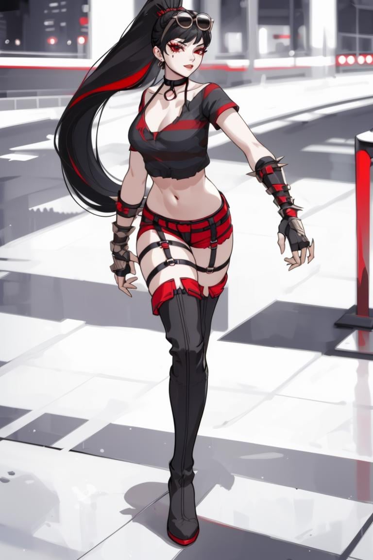 LadyChoiKOF,  1girl,  long ponytail,  black hair,  red streak,  choker,  sunglasses on the top of head,  shirt,  bra,  gauntlet,  shorts,  legs harness,  long boots,  walking,  city at night,  masterpiece,  perfect face,  perfect picture,  detailed eyes,  sharp focus,  full body, 1 girl,<lora:EMS-102653-EMS:1.000000>,<lora:EMS-7851-EMS:0.400000>