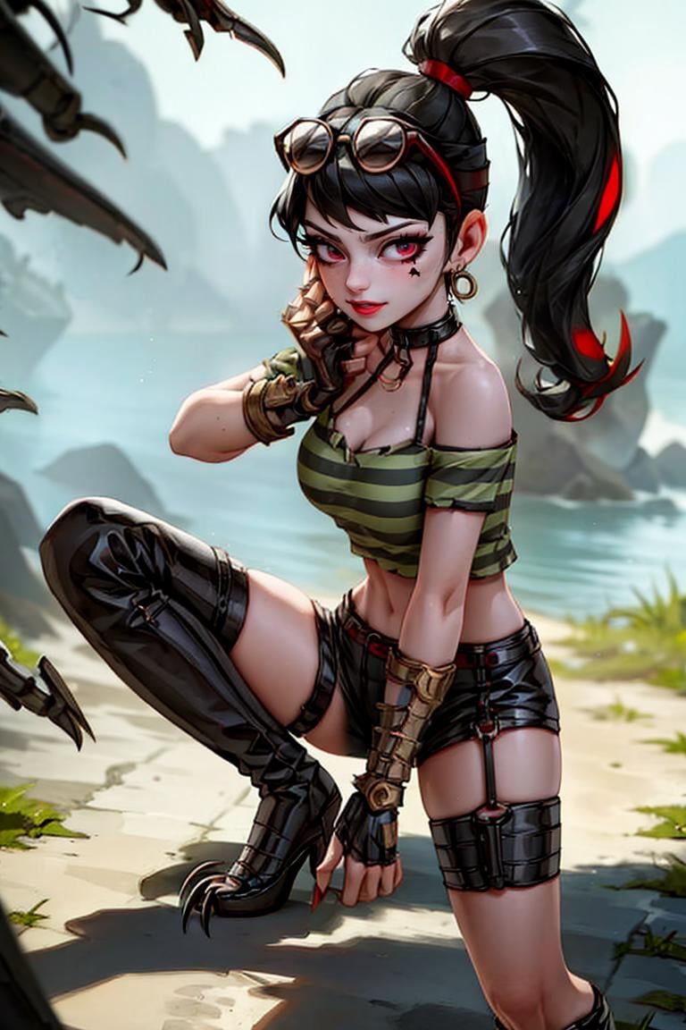 (masterpiece,  best quality:1.2),  LadyChoiKOF,  1girl,  long ponytail,  black hair,  red streak,  sunglasses on the top of head,  gauntlet,  start face tattoo,  shirt,  bra,  choker,  shorts, legs harness,  gauntlet with claws,  long boots,  ,  at the boardwalk,  perfect face,  perfect picture,  detailed eyes,  sharp focus, , YeiyeiArt,<lora:EMS-102653-EMS:1.000000>