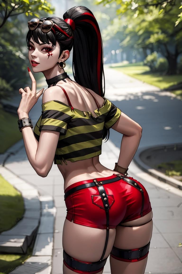 (masterpiece,  best quality:1.2),  LadyChoiKOF,  1girl,  long ponytail,  black hair,  red streak,  sunglasses on the top of head,  start face tattoo,  shirt,  bra,  choker,  shorts,  ((medium shot)),  at forest,  legs harness,  view from behind,  looking to viewer,  looking over shoulder,  perfect face,  perfect picture,  detailed eyes,  sharp focus,  , Apple_butt,<lora:EMS-8037-EMS:0.500000>,<lora:EMS-102653-EMS:0.920000>