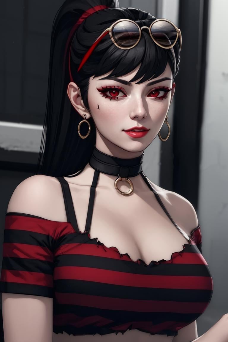 (masterpiece,  best quality:1.2),  LadyChoiKOF,  1girl,  long ponytail,  red streak,  black hair,  sunglasses on top of head,  choker,  shirt,  bra,  portrait,  closeup))   perfect face,  perfect picture,  detailed eyes,  sharp focus,<lora:EMS-13102-EMS:0.600000>,<lora:EMS-102653-EMS:1.000000>