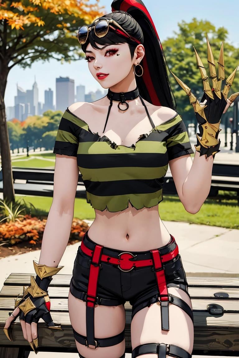 (masterpiece,  best quality:1.2),  LadyChoiKOF,  1girl,  long ponytail,  black hair,  red streak,  sunglasses on the top of head,  start face tattoo,  green strips shirt,  bra, gauntlet,  choker,  shorts,  legs harness,  ((medium shot)),  at the central park,  fall,  bench,  perfect face,  perfect picture,  detailed eyes,  sharp focus,  full body,<lora:EMS-102653-EMS:1.000000>