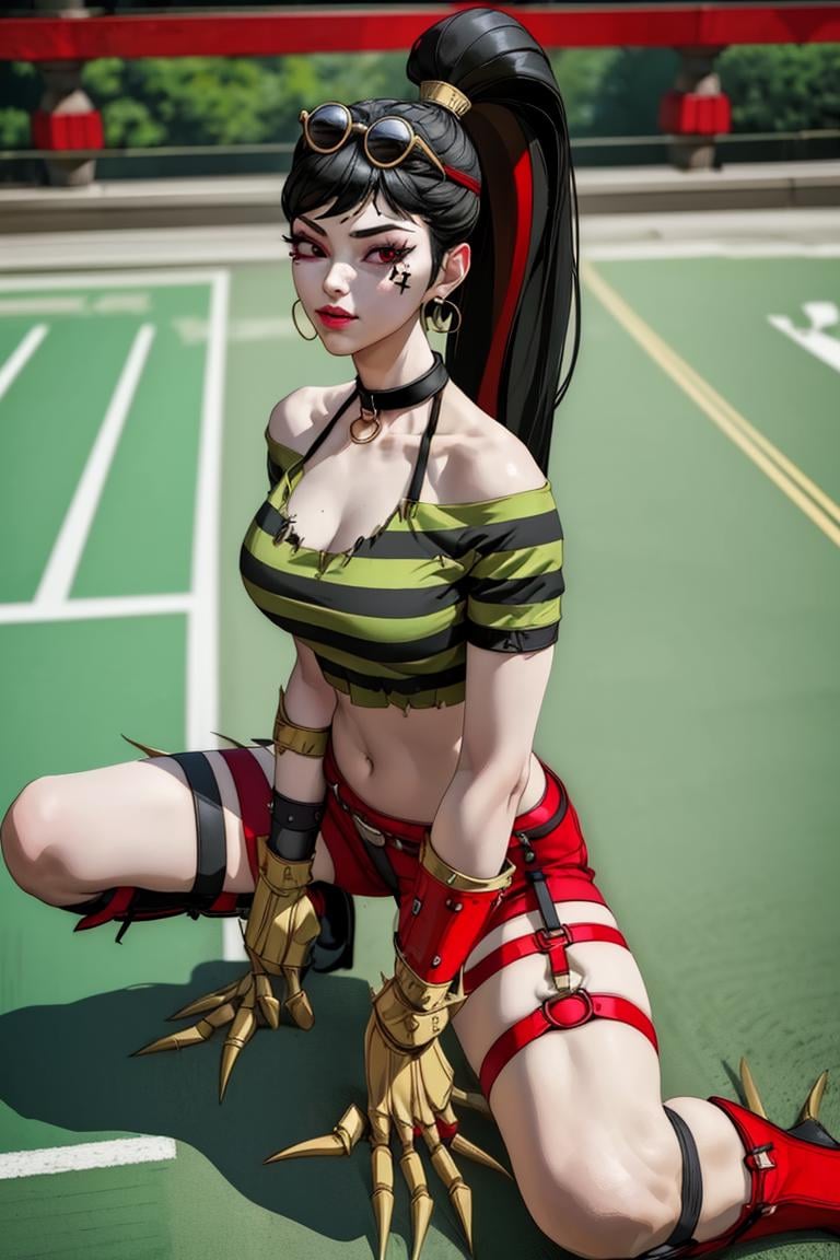 (masterpiece,  best quality:1.2),  LadyChoiKOF,  1girl,  long ponytail,  black hair,  red streak,  bra,  choker,  sunglasses on the top of head,  star face tattoo,  green striped shirt,  , shorts,  kneeling,  temple,  gauntlet,  boots,  legs harness,  perfect face,  perfect picture,  detailed eyes,  sharp focus,<lora:EMS-102653-EMS:0.920000>,<lora:EMS-8037-EMS:0.600000>