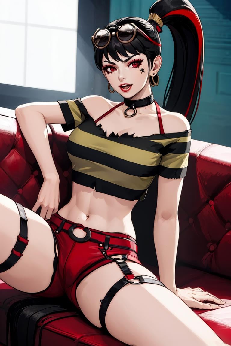 (masterpiece,  best quality:1.2),  LadyChoiKOF,  1girl,  long ponytail,  black hair,  red streak,  sunglasses on the top of head,  start face tattoo,  shirt,  bra,  choker,  shorts,  legs harness,  ((medium shot)),  at the couch,  living room,  perfect face,  perfect picture,  detailed eyes,  sharp focus,  full body,<lora:EMS-102653-EMS:1.000000>