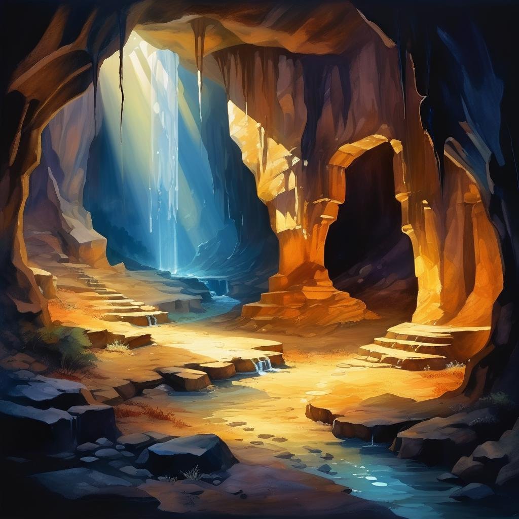 cave scene,shining,nature light,Fantastic light and shadows,2d game scene,oil and watercolor painting,<lora:Retro_Illustration:0.85>,