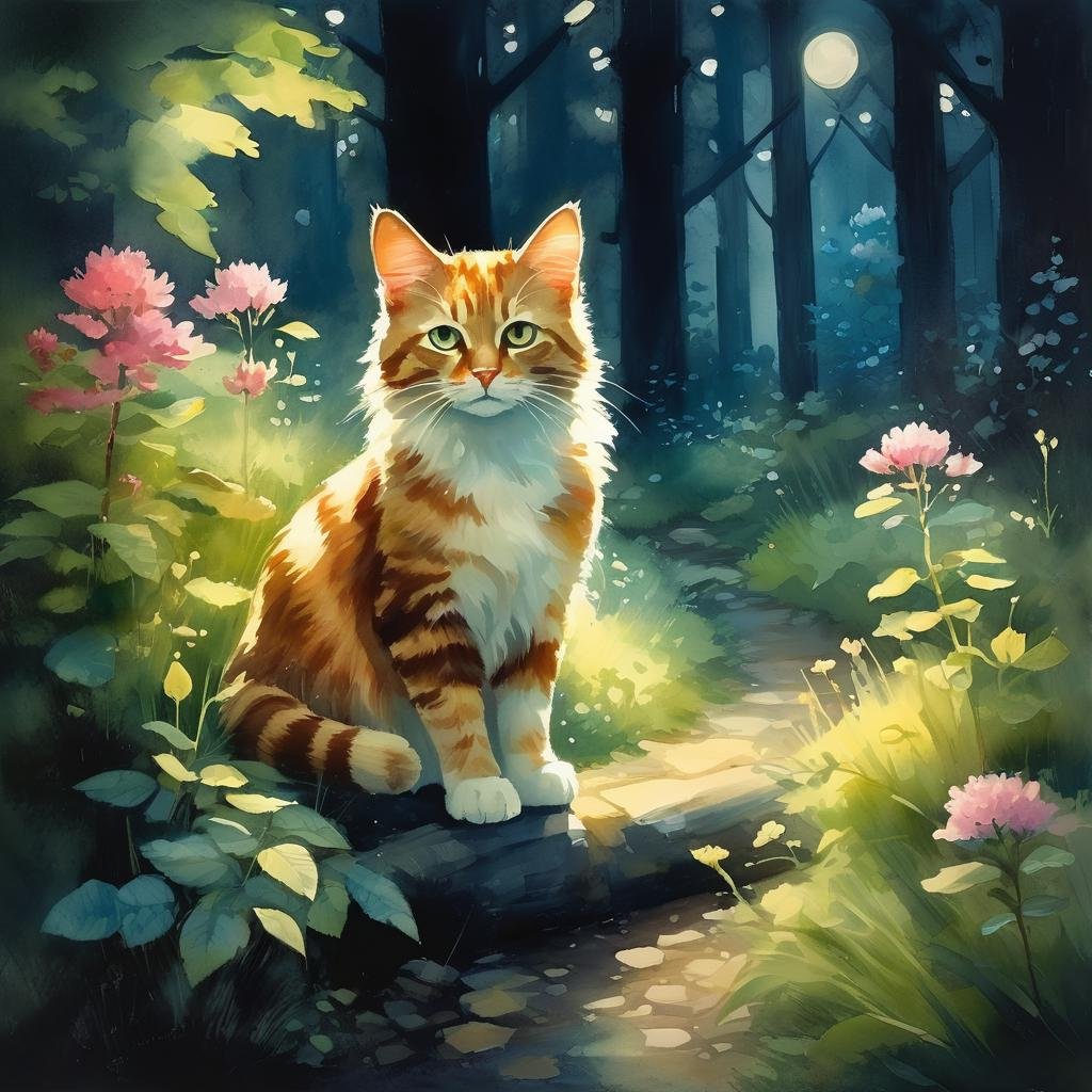 a cat in forest,bloom,night,soft light,shadows,2d game scene,oil and watercolor painting,<lora:Retro_Illustration:1>,