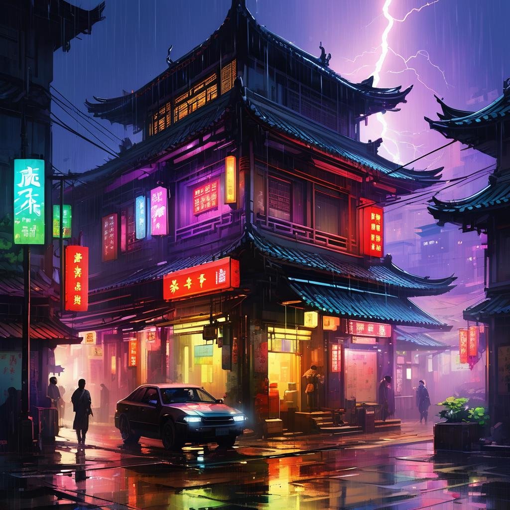 chinese cyberpunk city scene,chinese building,night,neo light,colorful,gowing,bloom,heavy rain,lightning,Fantastic light and shadows,2d game scene,oil and watercolor painting,<lora:Retro_Illustration:0.85>,