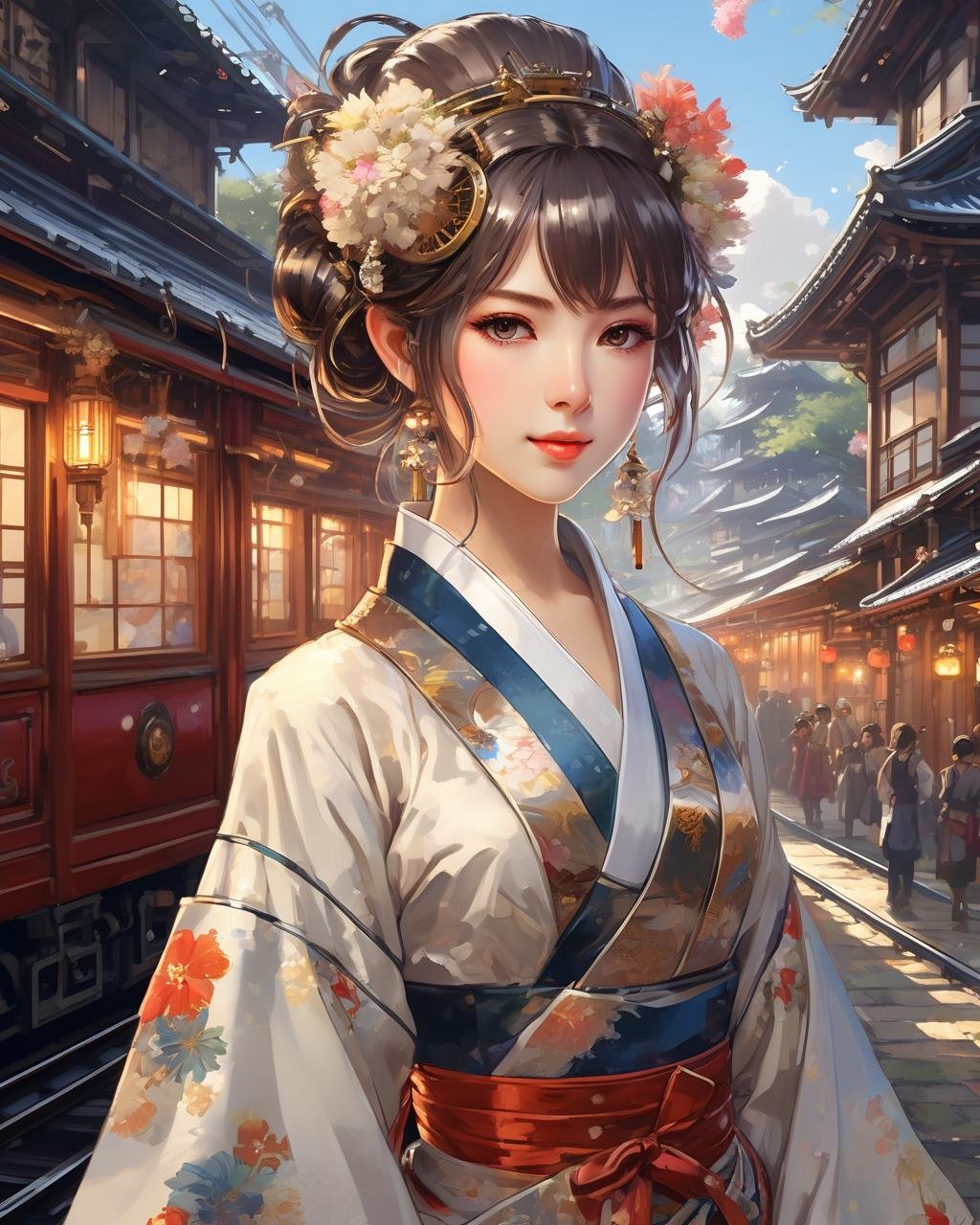 (extremely detailed CG unity 8k wallpaper),(masterpiece),(best quality),(ultra-detailed),(best illustration),(best shadow),(an extremely delicate and beautiful),dynamic angle,floating,finely detail,(bloom),(shine),glinting stars,classic,(painting),(sketch),Taisho steampunk,(steampunk:1.2) (1girl:1.7),(2020s),(cute face:1.3),anime face,((solo)),beautiful detailed face,shiny hair,colorful clothes,(kimono),(Japanese maid),maid dress,maid headdress,hair flower,hair ornament,(Frill),Brass Pocket Watch,extremely delicate and beautiful girls,beautiful detailed eyes,cowboy shot,steam train,building architecture,(Japanese style architecture),(street:1.2),2d game scene,oil and watercolor painting,<lora:Retro_Illustration:0.75>,