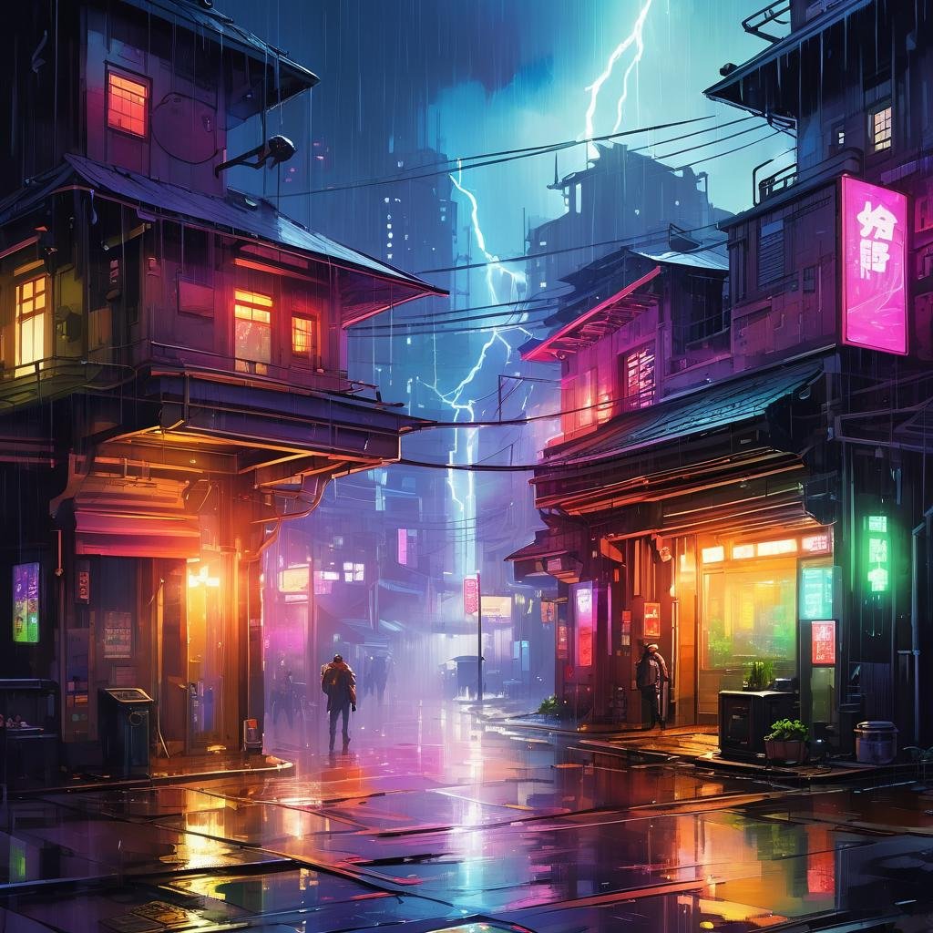 cyberpunk city scene,night,neo light,colorful,gowing,bloom,heavy rain,lightning,Fantastic light and shadows,2d game scene,oil and watercolor painting,<lora:Retro_Illustration:0.85>,
