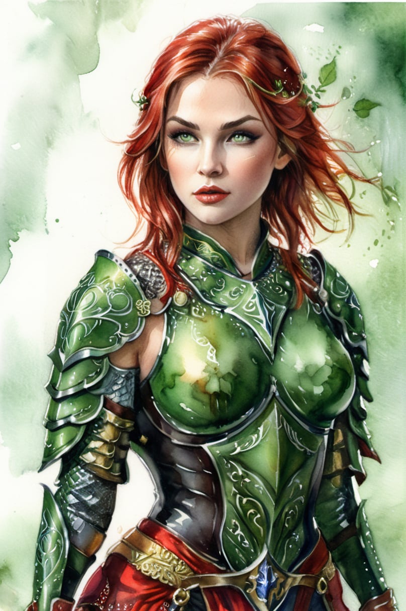 (((watercolor art))), sexy woman mage in armor with a green top and red pants, ornate armor, intricate armor, girl in mage armor, stunning armor, beautiful armor, elven mage princess, very beautiful elven top model, beautiful female knight, of a beautiful female, very stylish fantasy armor, gorgeous female, wearing fantasy armor