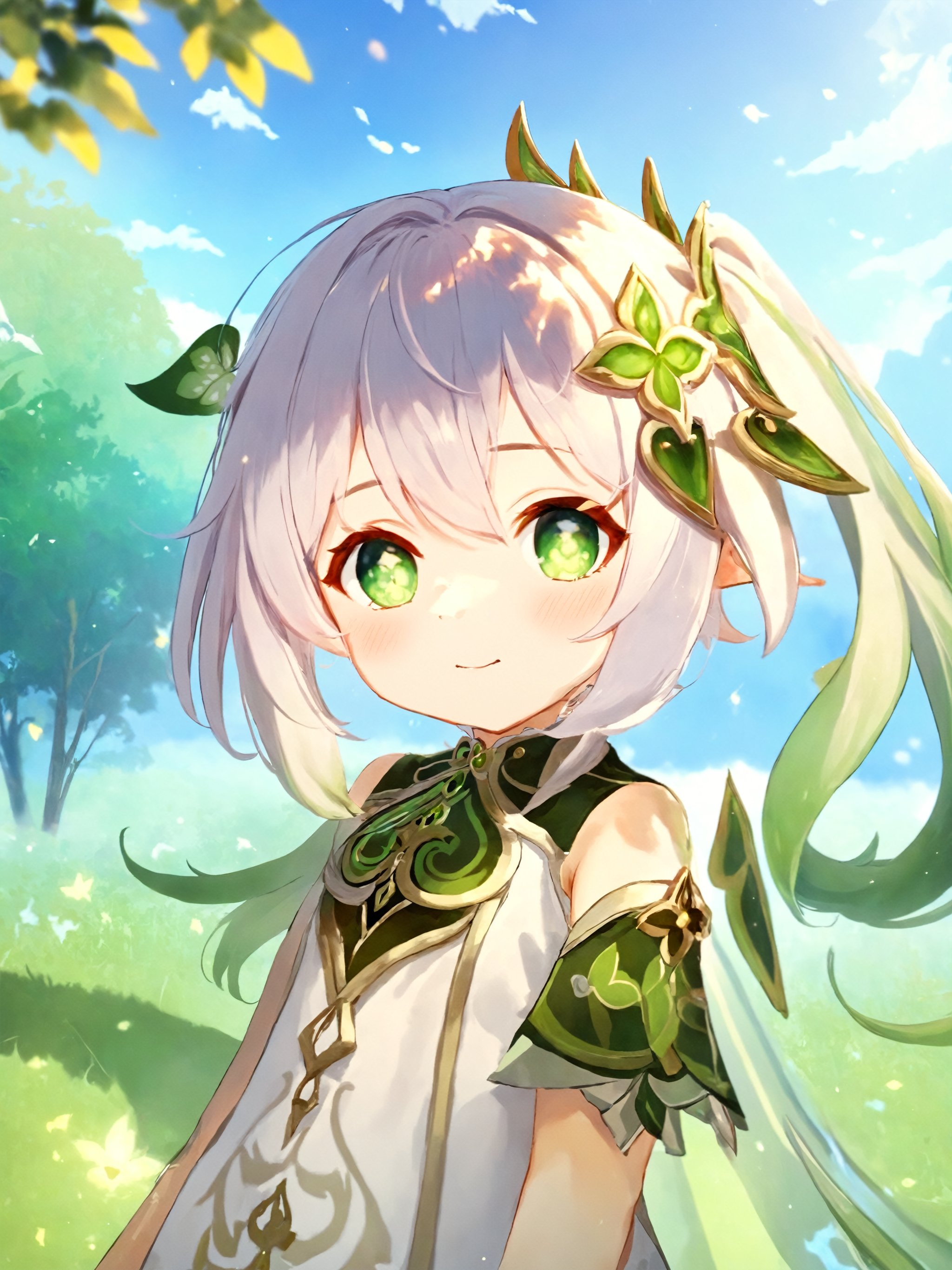 nahida \(genshin impact\), 2d, (right ponitail), green eyes, one eye closed, smile, high lights, light aura, best quality, masterpiece, a very delicate and beautiful, (one little and cute girl at the center:1.2), (solo:1.3), outdoors