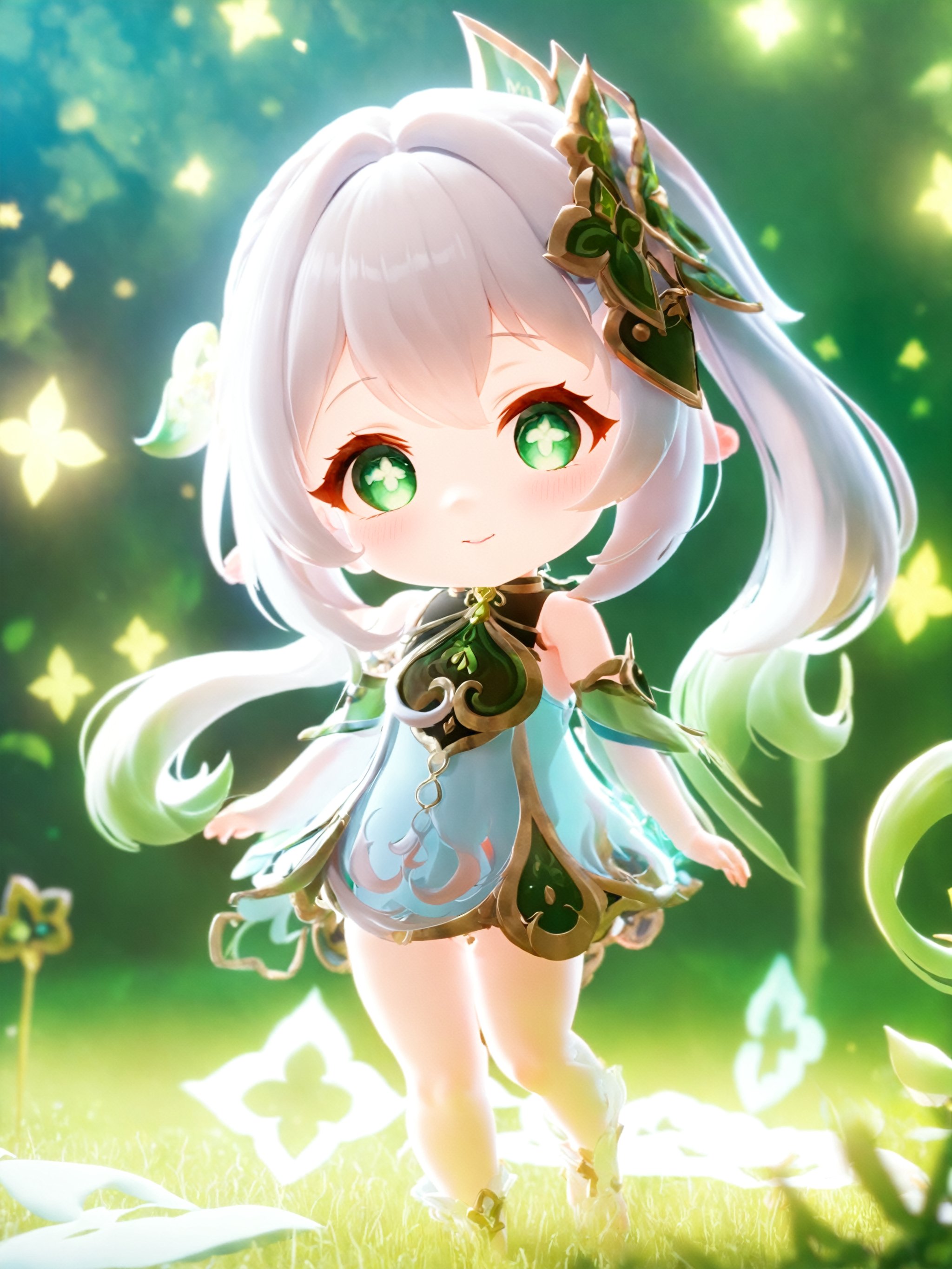 nahida \(genshin impact\), chibi, 3d, render, pvc, (right ponitail), green eyes, one eye closed, smile, high lights, light aura, best quality, masterpiece, a very delicate and beautiful, (one little and cute girl at the center:1.2), (solo:1.3), outdoors