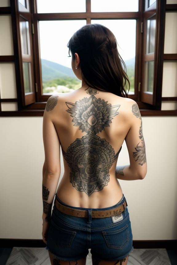 1 woman, beautiful, detailed, full body shot, scenic view<lora:Full Body Tattoo By Stable Yogi:1> full body tattoo, back pov